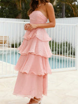 Şık Askısız Sırt Dekolteli Katmanlı Midi Elbise