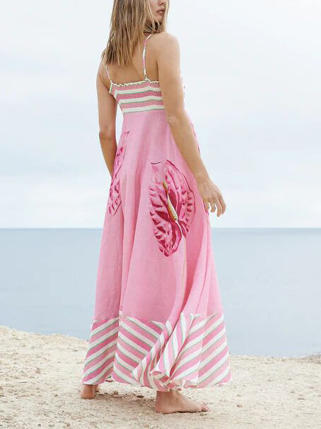 Çiçek Desenli Panelli Çizgili Askılı Mixi Elbise