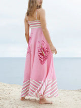 Çiçek Desenli Panelli Çizgili Askılı Mixi Elbise