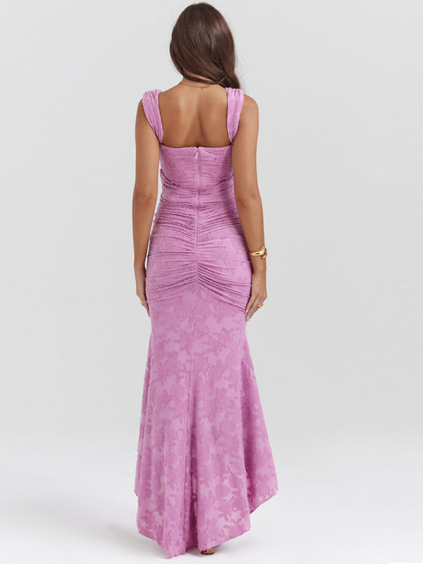 Pembe Çiçekli Uzun Elbise