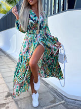 V Yaka Uzun Kollu Kuşaklı Maxi Elbise