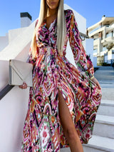 V Yaka Uzun Kollu Kuşaklı Maxi Elbise