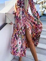 V Yaka Uzun Kollu Kuşaklı Maxi Elbise