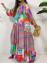 Büyük Beden V Yaka Baskılı Uzun Elbise