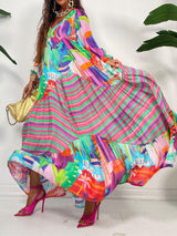 Büyük Beden V Yaka Baskılı Uzun Elbise