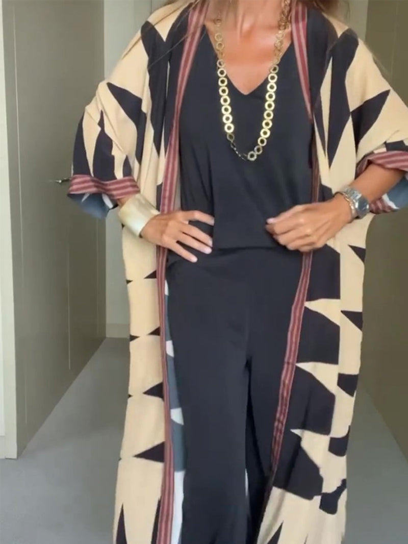Bohem Stili Geometrik Baskılı Cardian Kimono