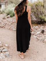 Boyundan Bağlamalı Açık Mavi Midi Elbise Cepli