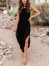 Boyundan Bağlamalı Açık Mavi Midi Elbise Cepli