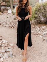 Boyundan Bağlamalı Açık Mavi Midi Elbise Cepli