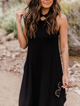 Boyundan Bağlamalı Açık Mavi Midi Elbise Cepli