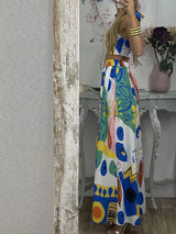 Graffiti Baskılı Omuzdan Bağlamalı Üst ve Pileli Etek Takım