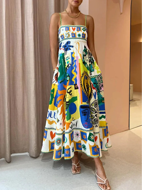 Şık Geometrik Grafiti Baskılı Slip Elbise