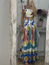 Graffiti Baskılı Omuzdan Bağlamalı Üst ve Pileli Etek Takım