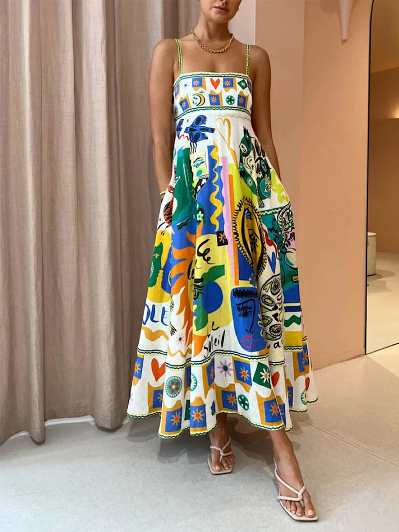 Şık Geometrik Grafiti Baskılı Slip Elbise