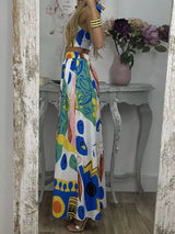 Graffiti Baskılı Omuzdan Bağlamalı Üst ve Pileli Etek Takım