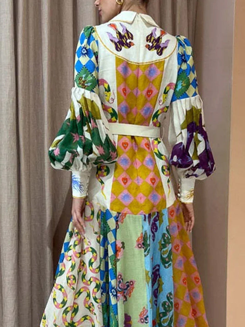 Moda Graffiti Balon Kol Uzun Düzensiz Elbise