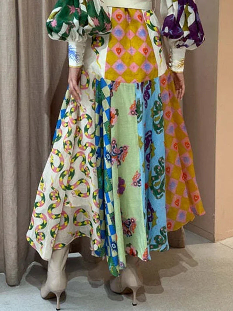 Moda Graffiti Balon Kol Uzun Düzensiz Elbise