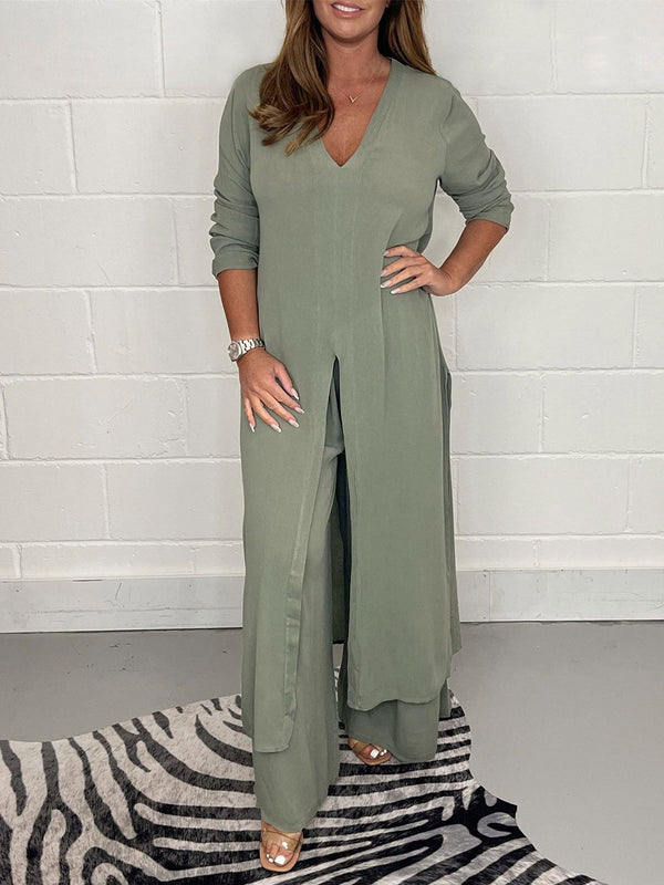 Yırtmaçlı Düz Renk Uzun Kollu Takım Elbise