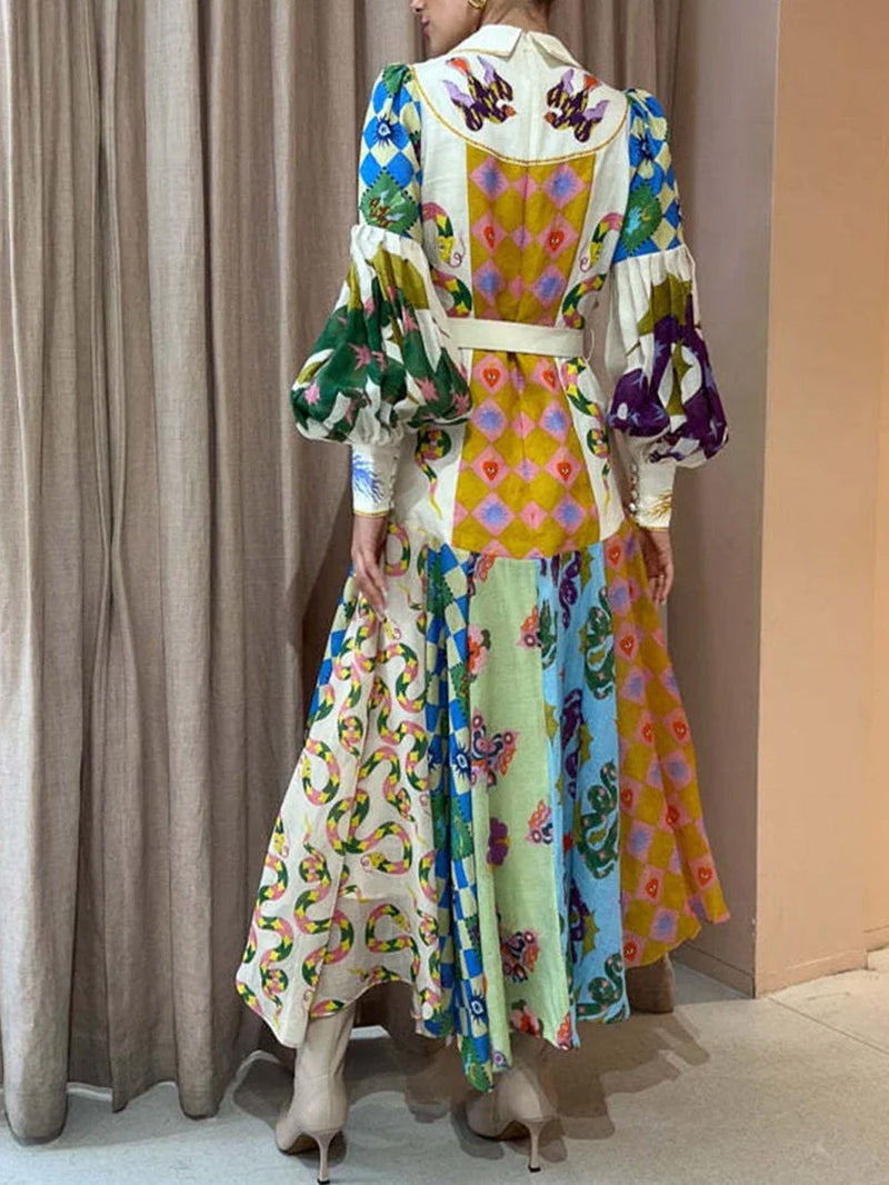 Moda Graffiti Balon Kol Uzun Düzensiz Elbise