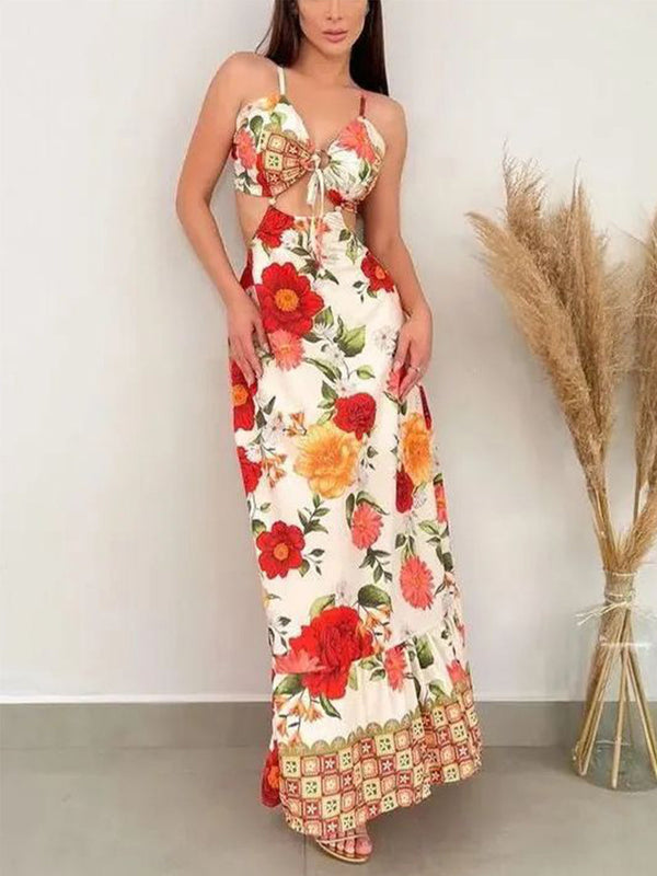 Seksi Hollow Backless İnce Baskı Elbise