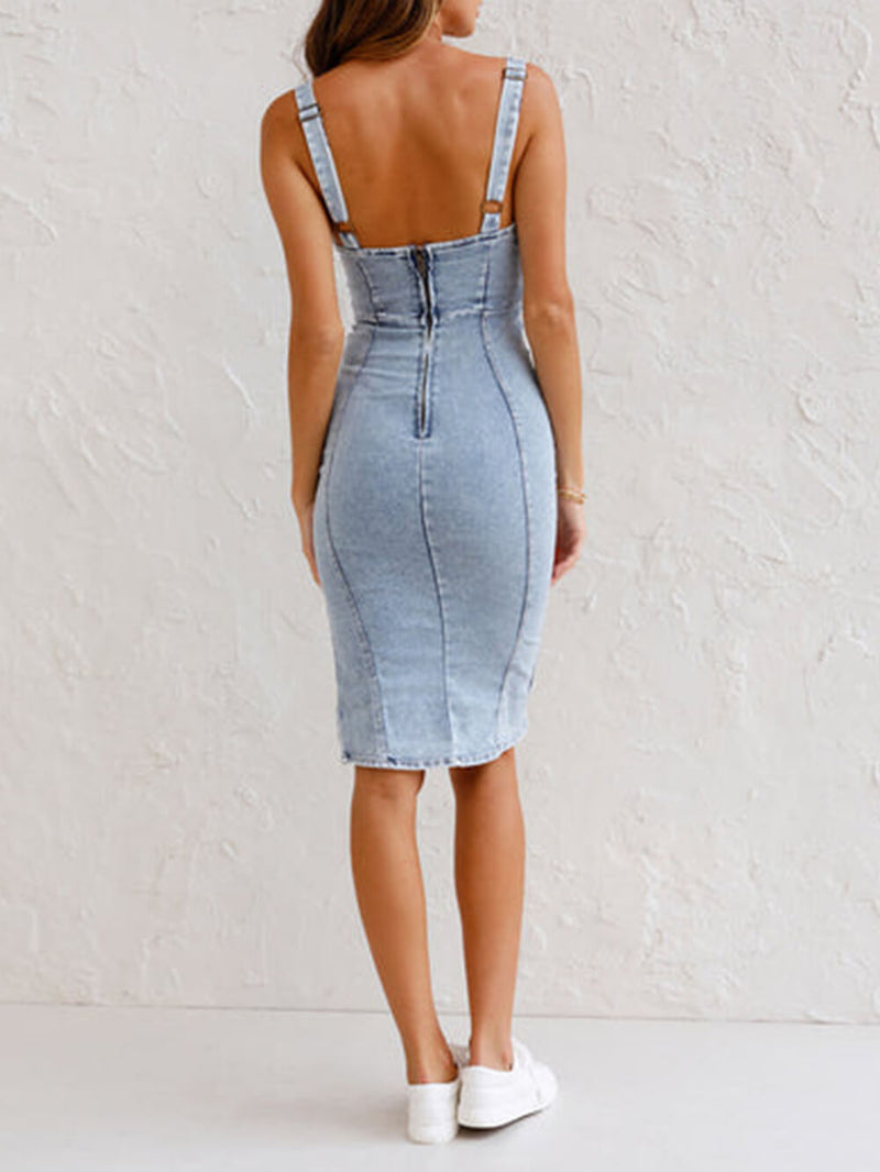 Ayarlanabilir Askılı U Yaka Yırtmaçlı Denim Bodycon Cami Elbise