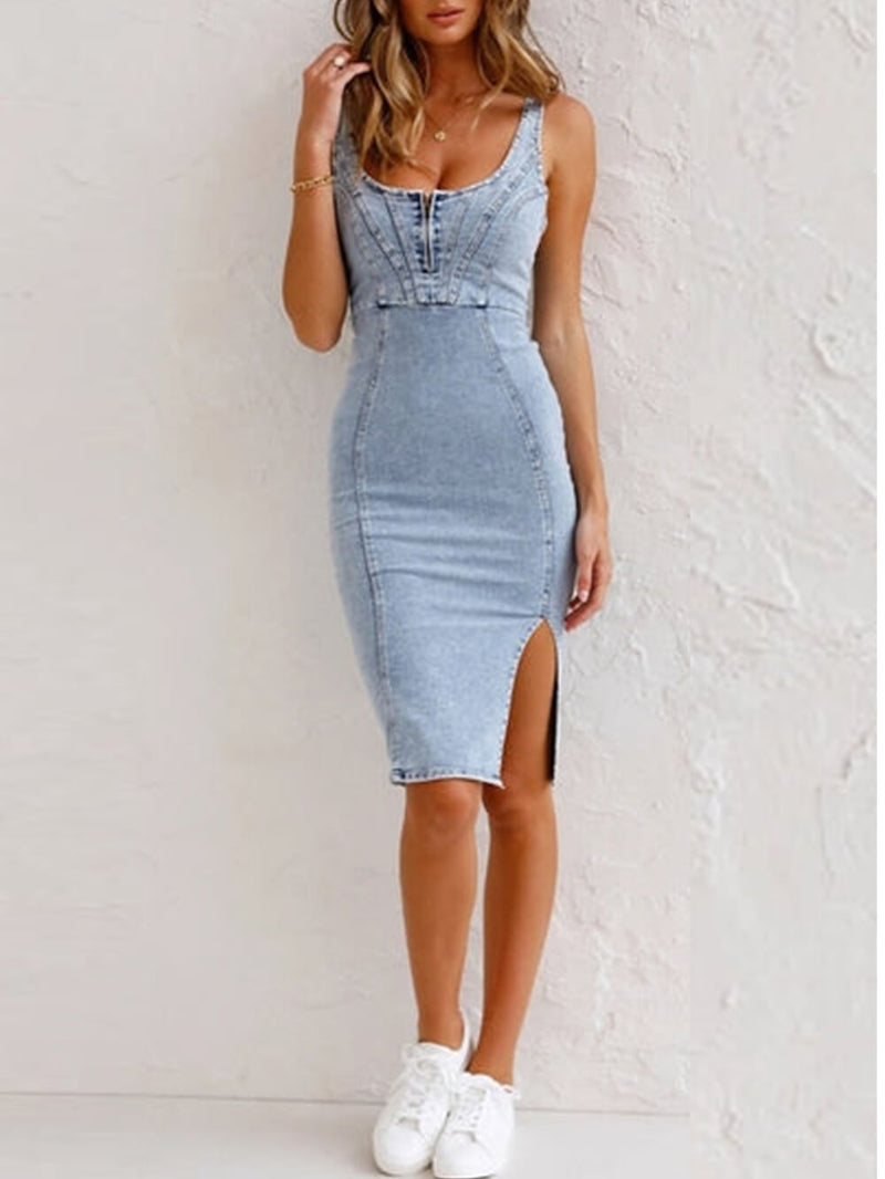 Ayarlanabilir Askılı U Yaka Yırtmaçlı Denim Bodycon Cami Elbise