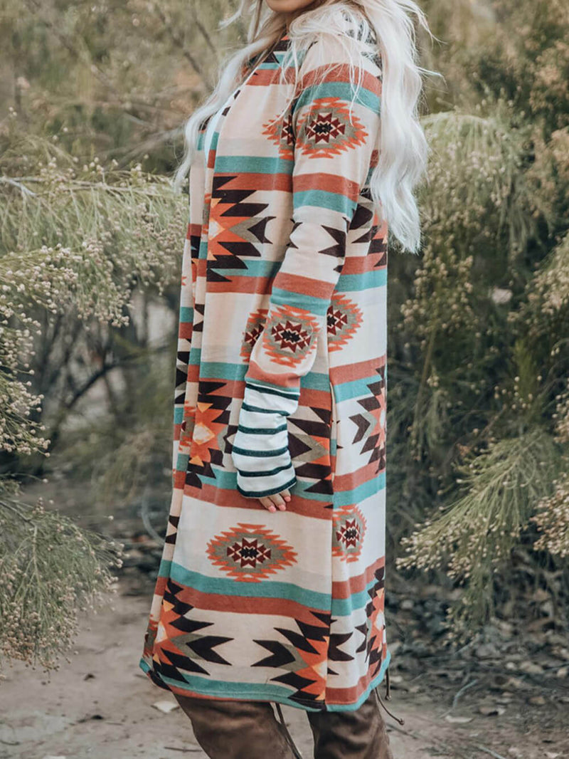 Çok Renkli Geometrik Bloklu Uzun Hırka