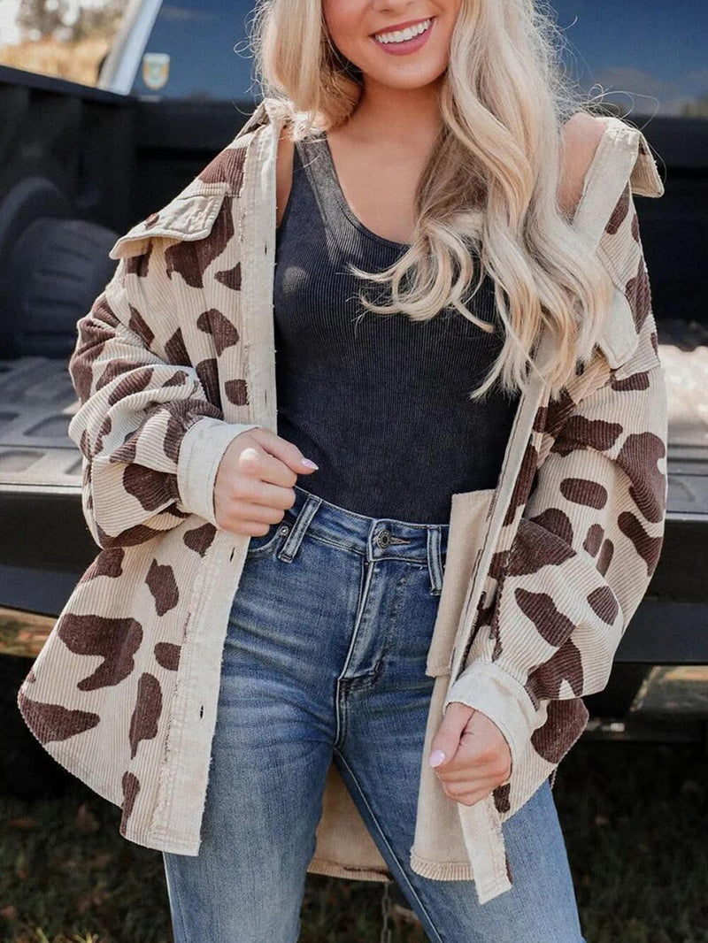 Baskılı Orta Boy Fitilli Kadife Gömlek Ceket