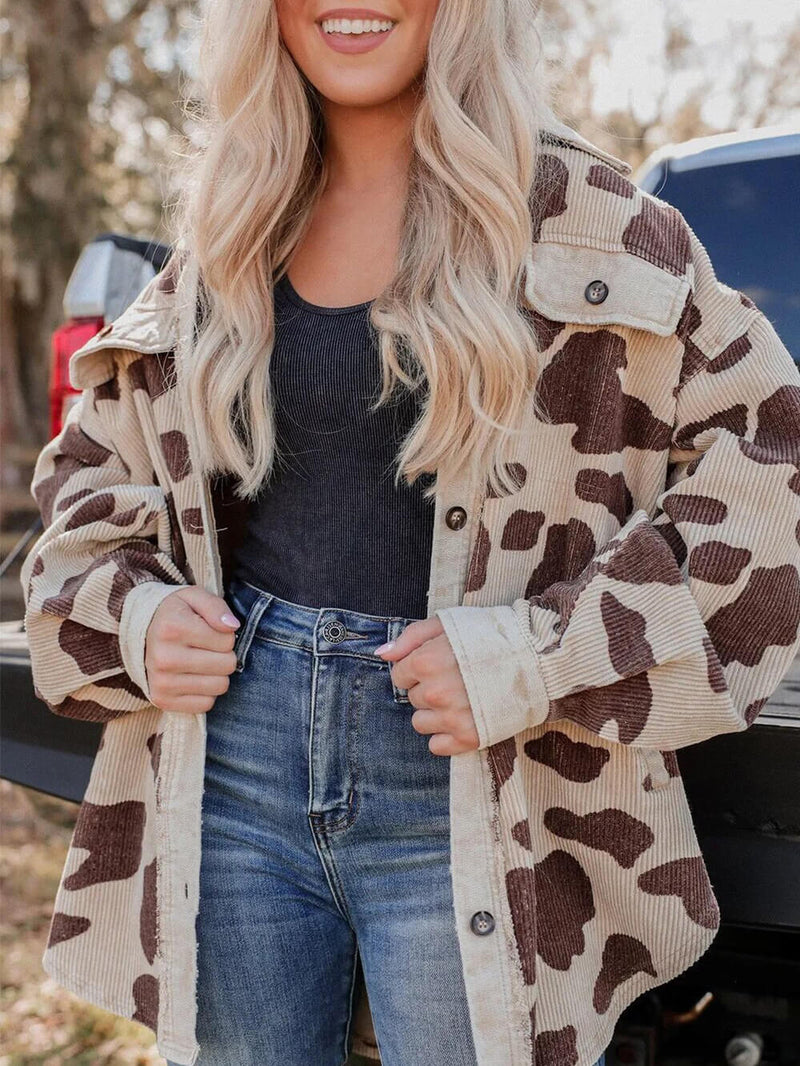 Baskılı Orta Boy Fitilli Kadife Gömlek Ceket