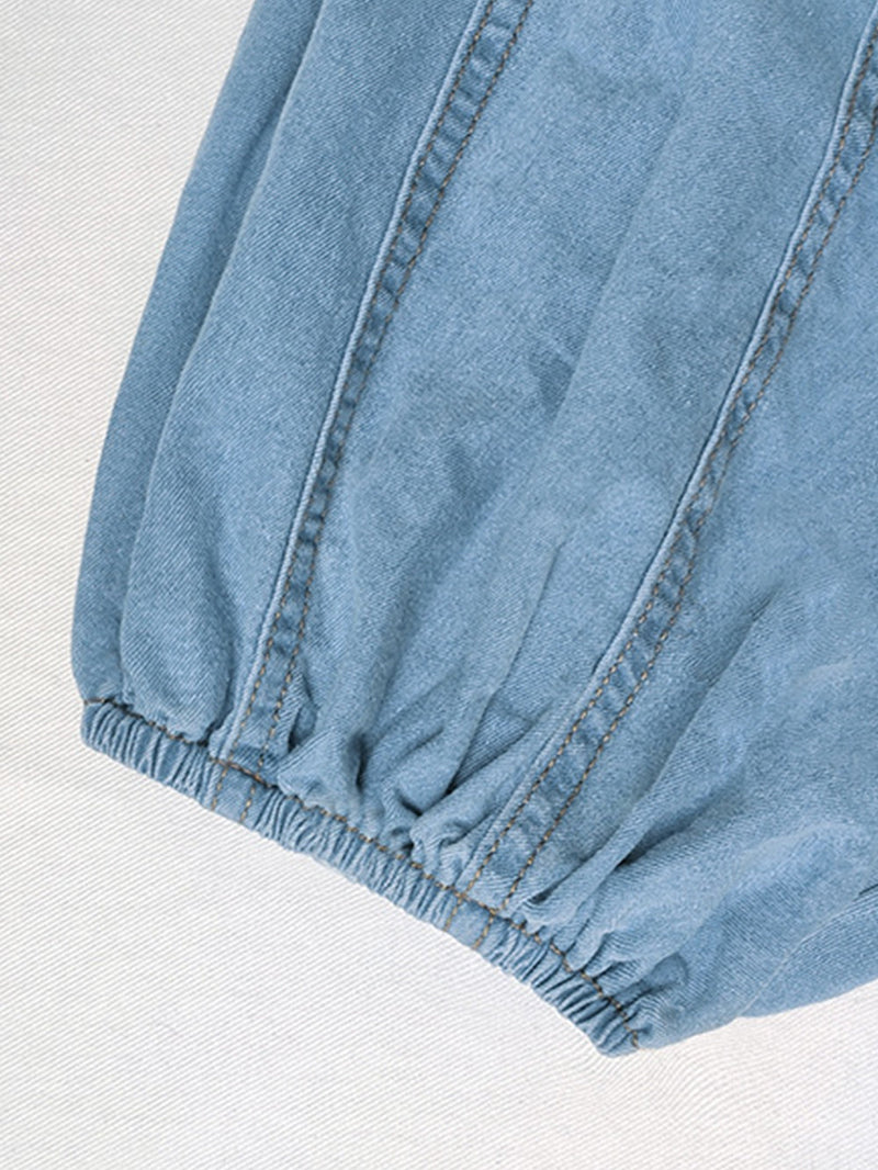 Bol Puf Kol Denim Kısa Gömlek