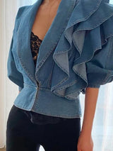 Zarif Pileli Bomber Denim Bluzlar