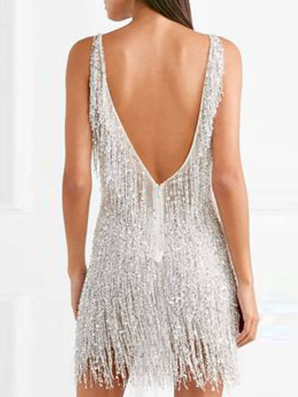 Seksi Saçaklı V Yaka İnce Mini Elbise