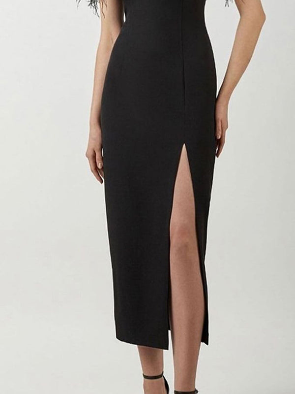 Tek Omuzlu Tüy Midi Elbise