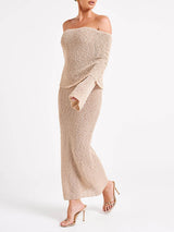 Düşük Omuz Buklet Maxi Elbise