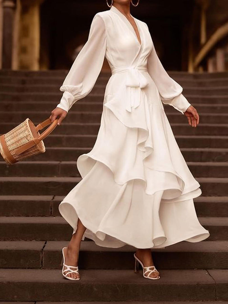 Zarif Fırfırlı Düz Renk Maxi Elbise