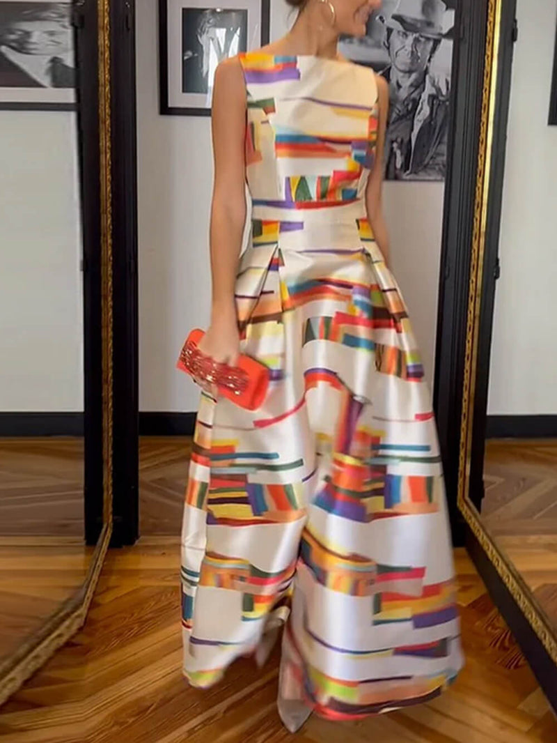 Zarif Kolsuz Sırtı Açık Baskılı Parti Maxi Elbise