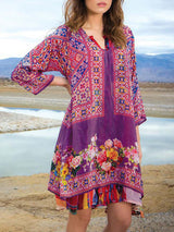 Bayan Günlük Baskılı 3/4 Kol V Yaka Elbise