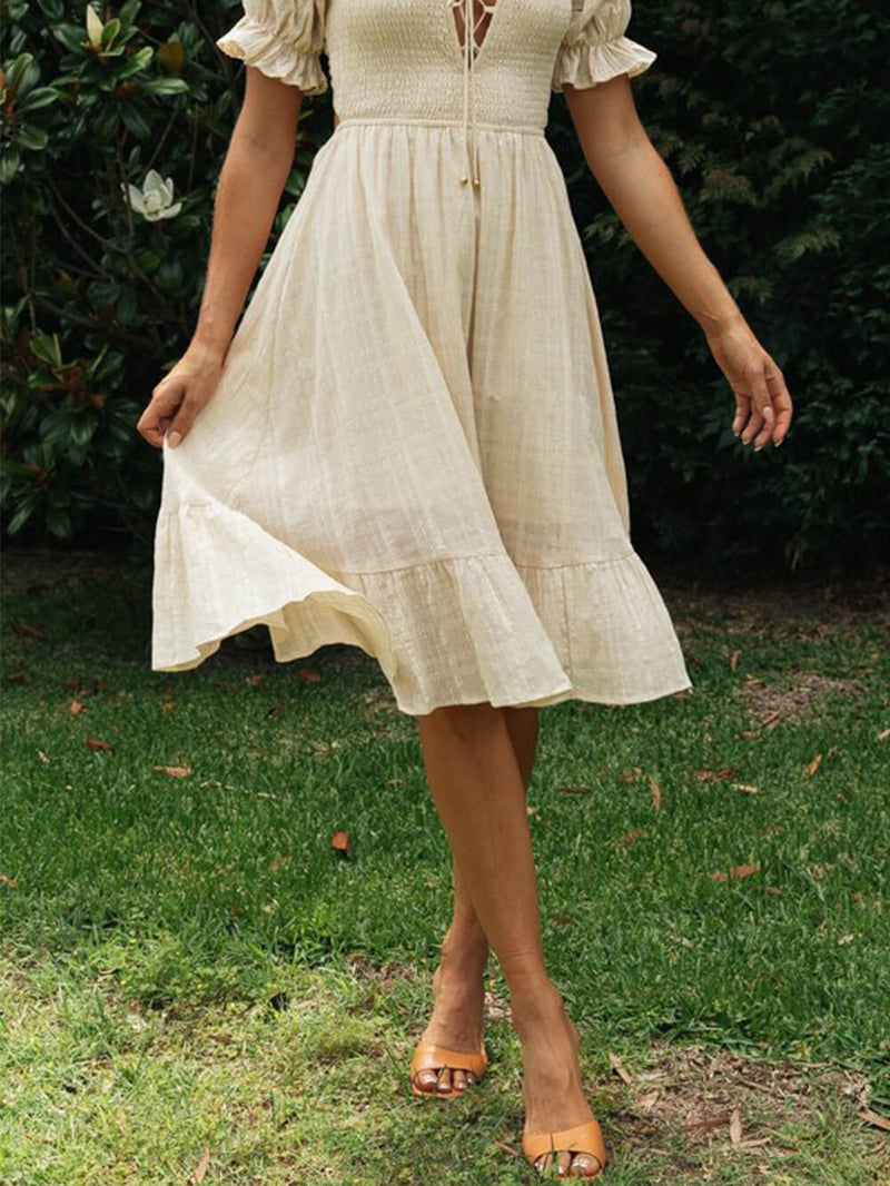 Zarif Düz Renk Pastoral Midi Elbise