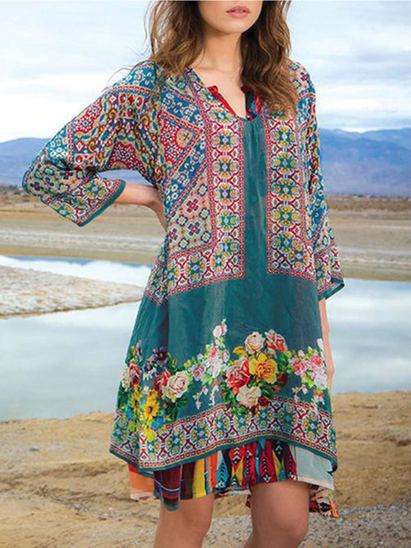 Bayan Günlük Baskılı 3/4 Kol V Yaka Elbise