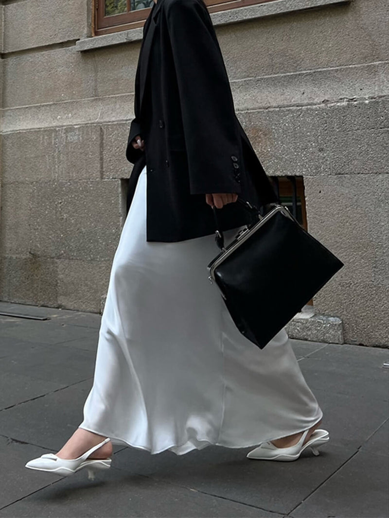 Asetat Saten İpeksi Drapeli Yüksek Bel Etek