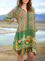 Bayan Günlük Baskılı 3/4 Kol V Yaka Elbise