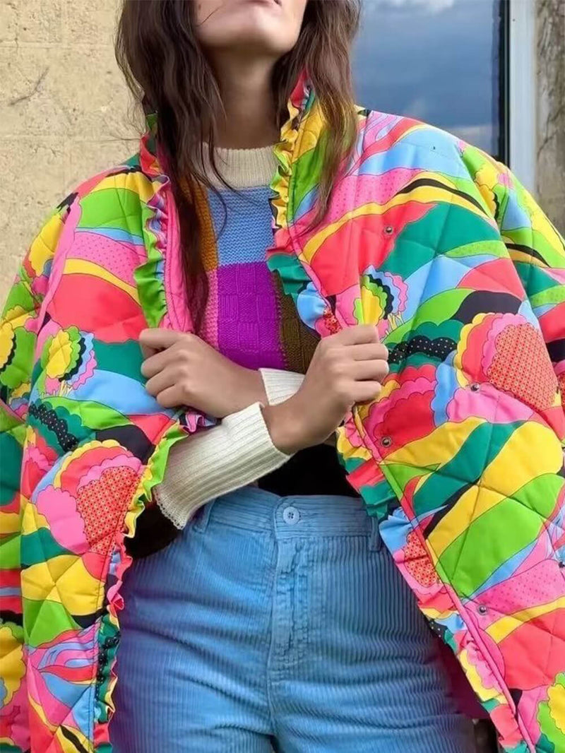 Baskılı Pileli Dantelli Pamuklu Kaban