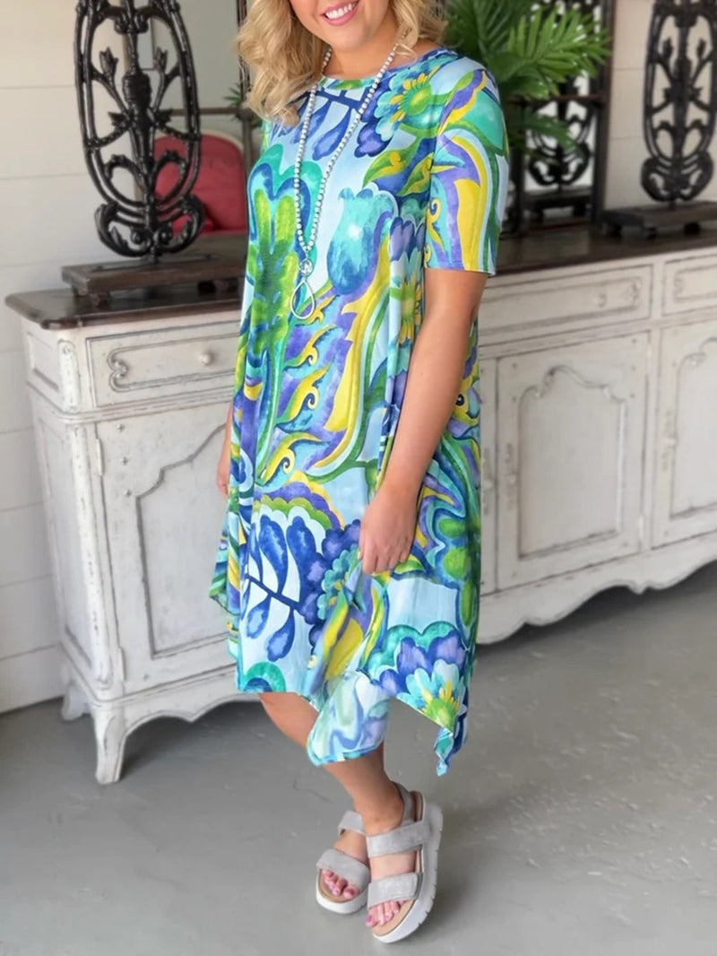 Yeni kısa kollu elbise cam baskı yuvarlak boyun bel kısa etek kadın uzun etek