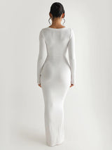 Katı Örgü Kare Yaka Uzun Kollu Maxi Elbise