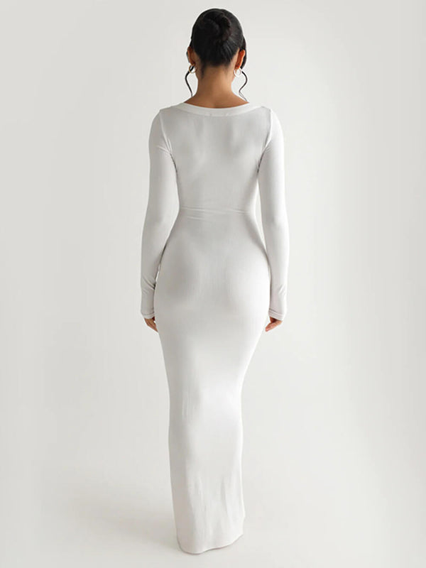 Katı Örgü Kare Yaka Uzun Kollu Maxi Elbise