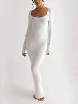 Katı Örgü Kare Yaka Uzun Kollu Maxi Elbise