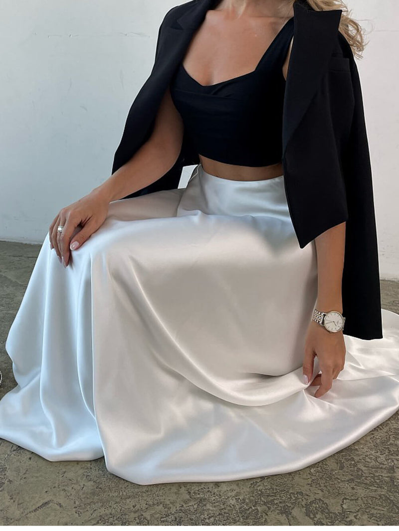 Asetat Saten İpeksi Drapeli Yüksek Bel Etek