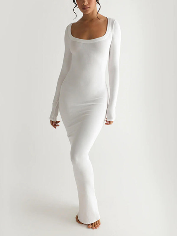 Katı Örgü Kare Yaka Uzun Kollu Maxi Elbise