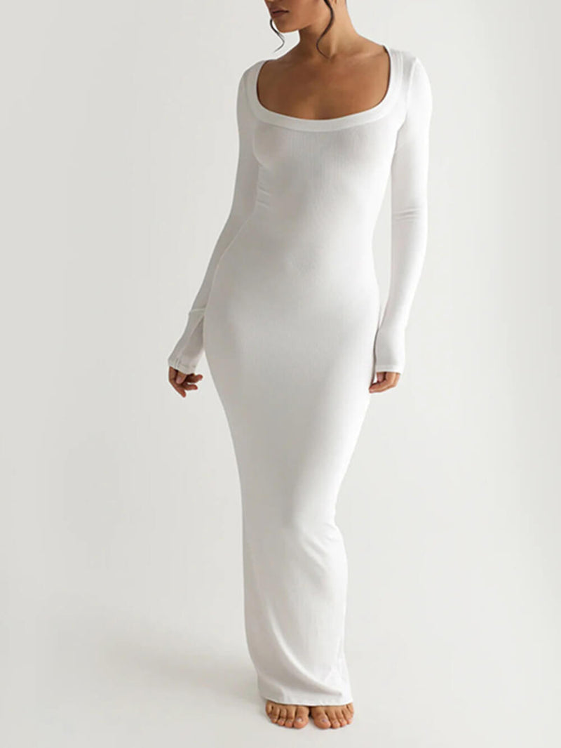 Katı Örgü Kare Yaka Uzun Kollu Maxi Elbise