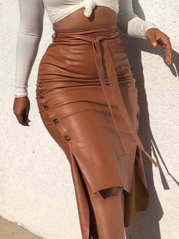 Slim Fit Pu Kalçayı Kapatan Etek